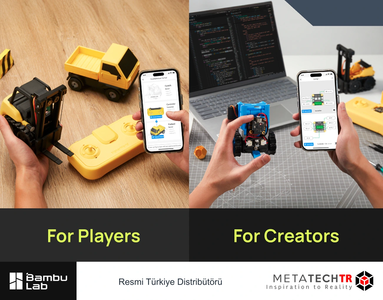 CyberBrick'in basılı araç, kontrol ve kodlama örneklerini bir araya getiren üretici görseli