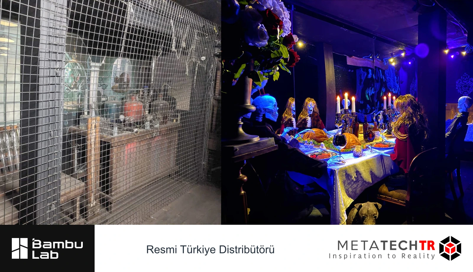 Solda kafes arkasındaki eski sahne, sağda renkli ışıklı ve ayrıntılı yemek masası dekoru.