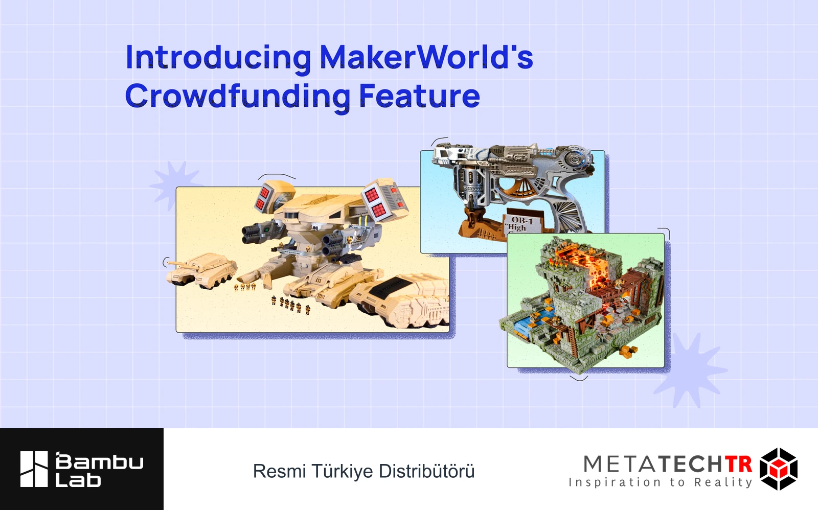 MakerWorld kitle fonlaması başlığı ve çeşitli proje görsellerinden oluşan arşiv kolajı