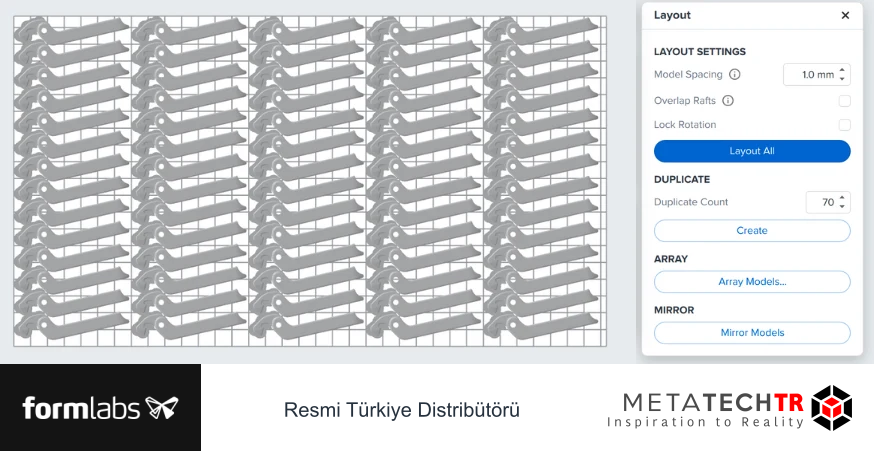 PreForm üzerinde aynı parçaların SLA tablasına yerleşimi